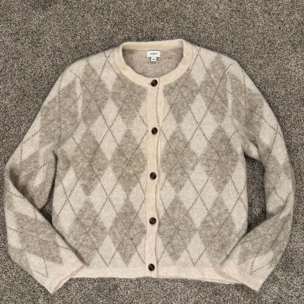 J.Crew Argyle Cardigan Alpaca Sweater Size L Beige Fuzzy Wool